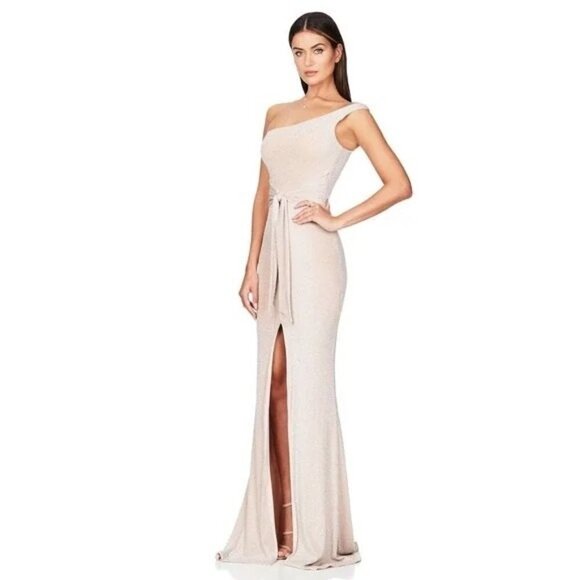 Nookie Gold‎ Cream Shimmer One Shoulder Formal Maxi Dress Gown Women's Small - Picture 6 of 6
